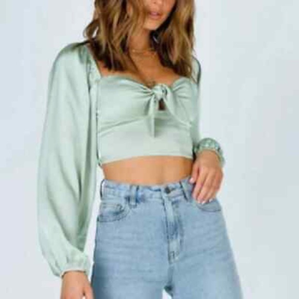 PRINCESS POLLY Shiny Metallic Green Este Balloon Sleeve Crop Top